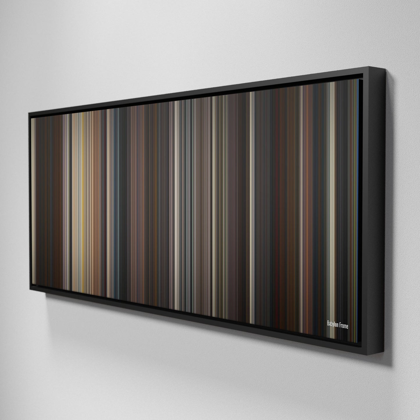 Side view of Framed Buff's of babylon Frome on the wall