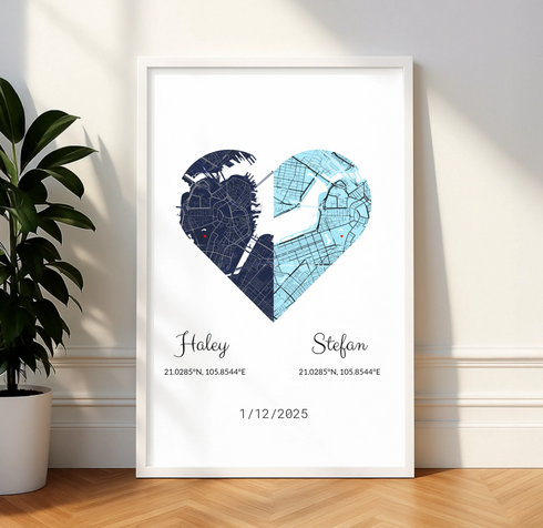 Joined Hearts Personalized Coordinates Map Print - Customizer