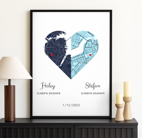 Joined Hearts Personalized Coordinates Map Print - Customizer