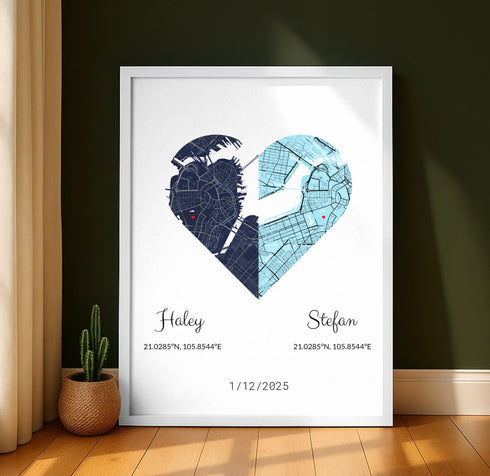 Joined Hearts Personalized Coordinates Map Print - Customizer