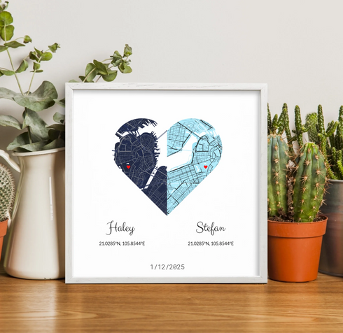 Joined Hearts Personalized Coordinates Map Print - Customizer