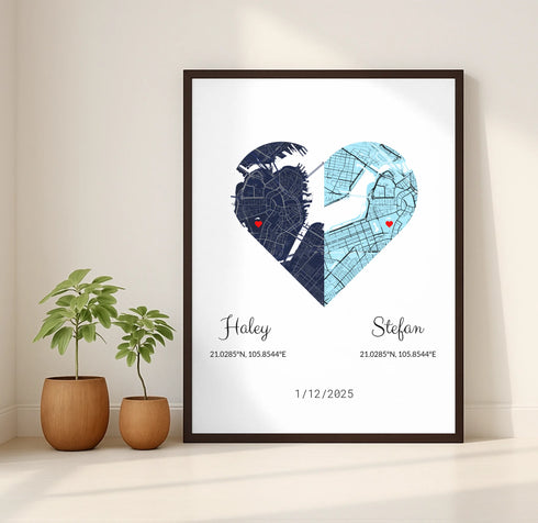 Joined Hearts Personalized Coordinates Map Print - Customizer