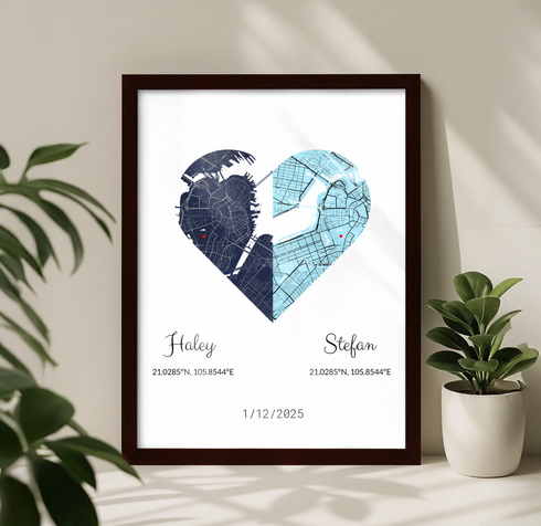 Joined Hearts Personalized Coordinates Map Print - Customizer