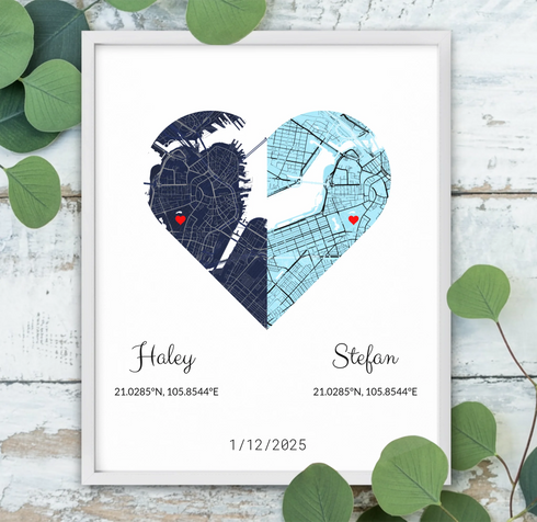 Joined Hearts Personalized Coordinates Map Print - Customizer