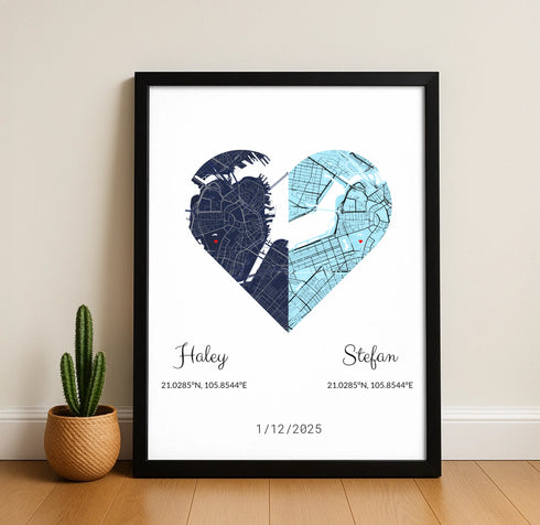 Joined Hearts Personalized Coordinates Map Print - Customizer