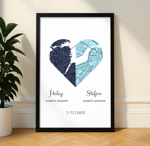 Joined Hearts Personalized Coordinates Map Print - Customizer