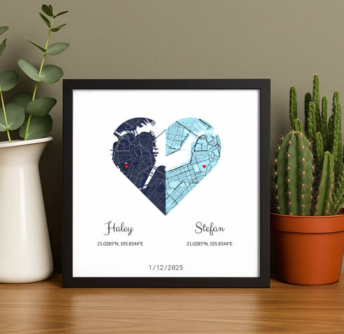 Joined Hearts Personalized Coordinates Map Print - Customizer