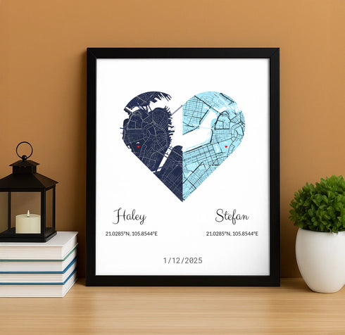 Joined Hearts Personalized Coordinates Map Print - Customizer