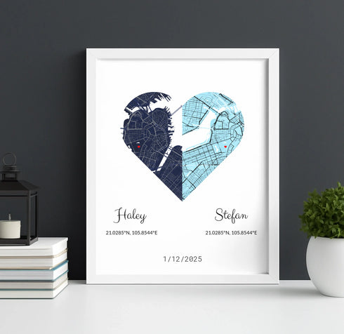 Joined Hearts Personalized Coordinates Map Print - Customizer