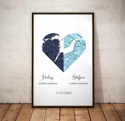 Joined Hearts Personalized Coordinates Map Print - Customizer