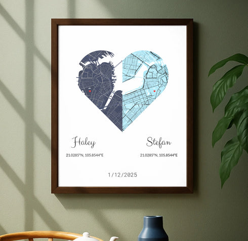 Joined Hearts Personalized Coordinates Map Print - Customizer