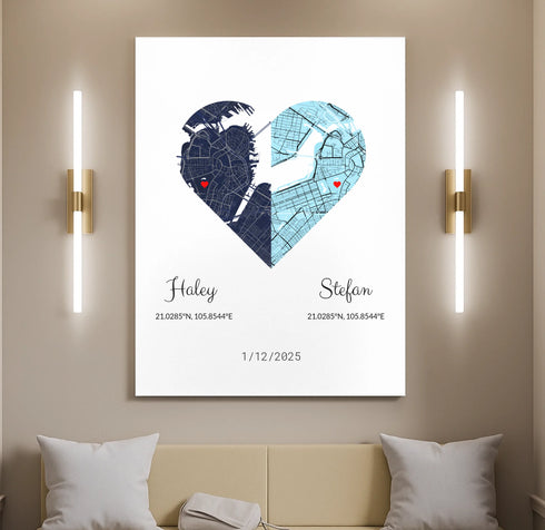 Joined Hearts Personalized Coordinates Map Print - Customizer