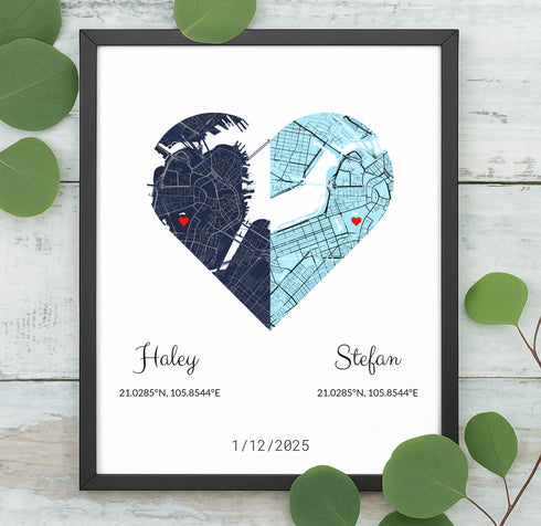 Joined Hearts Personalized Coordinates Map Print - Customizer