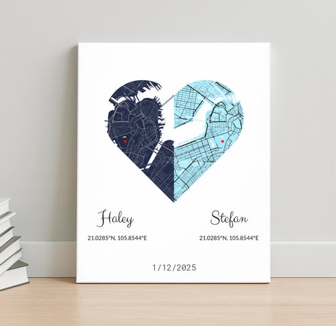 Joined Hearts Personalized Coordinates Map Print - Customizer
