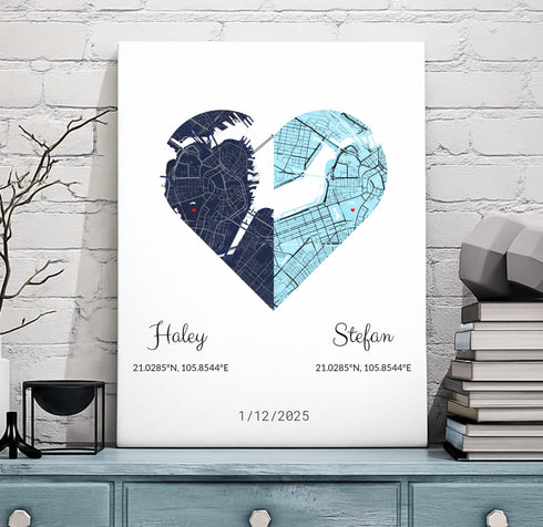 Joined Hearts Personalized Coordinates Map Print - Customizer
