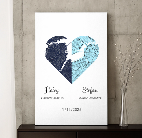 Joined Hearts Personalized Coordinates Map Print - Customizer
