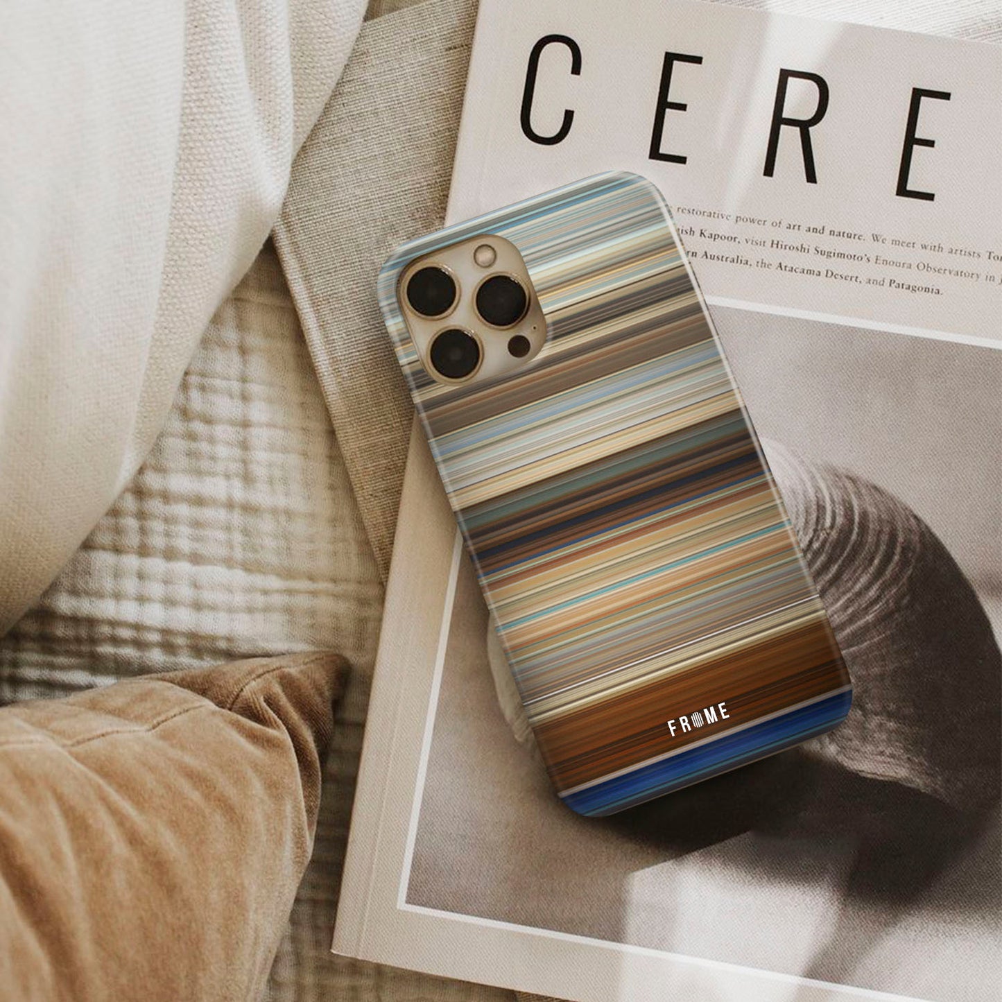 mamma mia! Frome phone case next to interior items