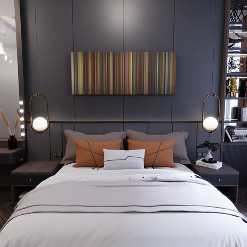 Bedroom interior with Across the Universe Frome on the wall