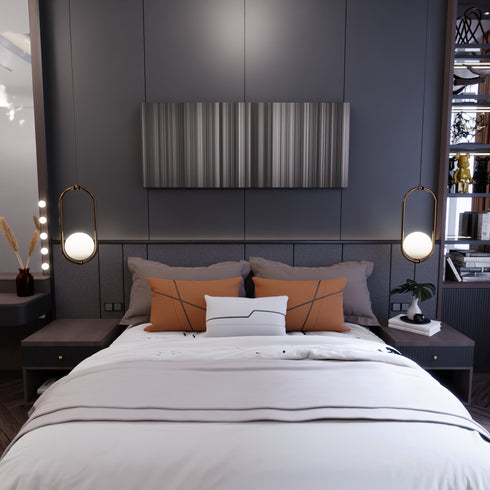 Bedroom interior with Schindler's List Frome on the wall