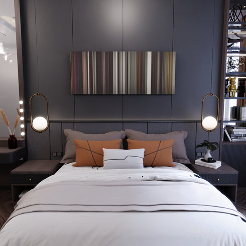 Bedroom interior with Something Borrowed Frome on the wall