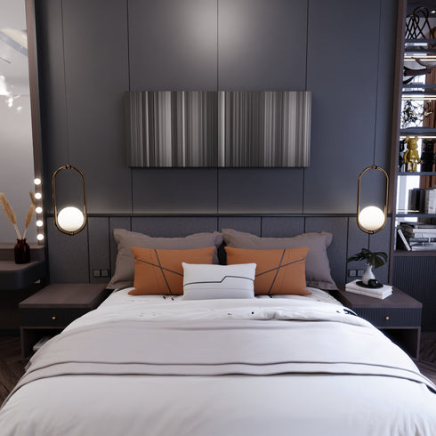 Bedroom interior with Godzilla Frome (1954) on the wall