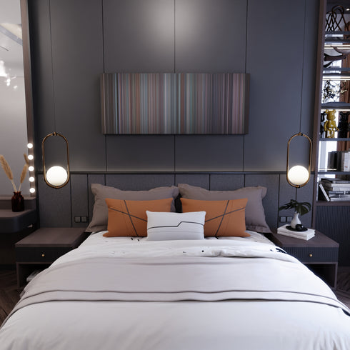 Bedroom interior with The Newsroom: We Just Decided To Frome on the wall