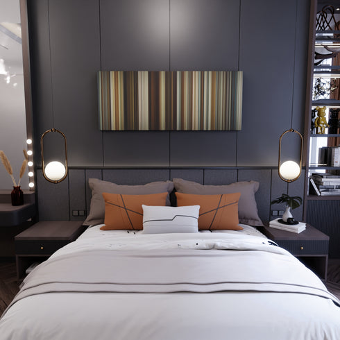 Bedroom interior with About Time Frome on the wall