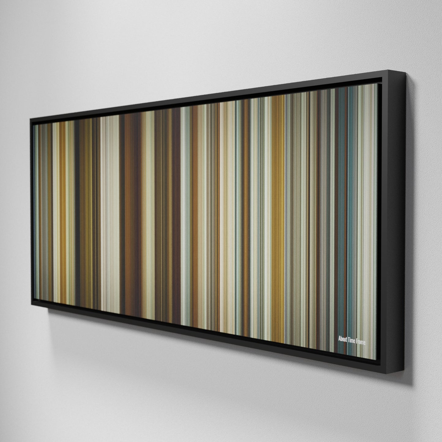 Side view of Framed Buff's of About Time Frome on the wall