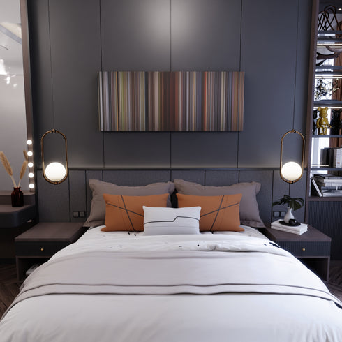 Bedroom interior with The Color Purple Frome on the wall