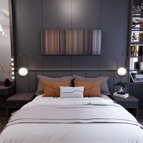 Bedroom interior with The Cat from Outer Space Frome on the wall