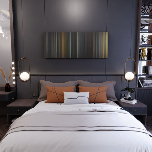 Bedroom interior with Se7en Frome on the wall