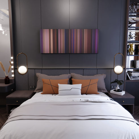 Bedroom interior with Pitch Perfect Frome on the wall