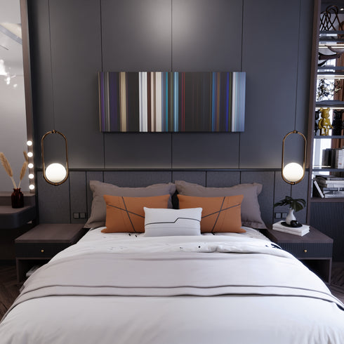 Bedroom interior with The Neon Demon Frome on the wall