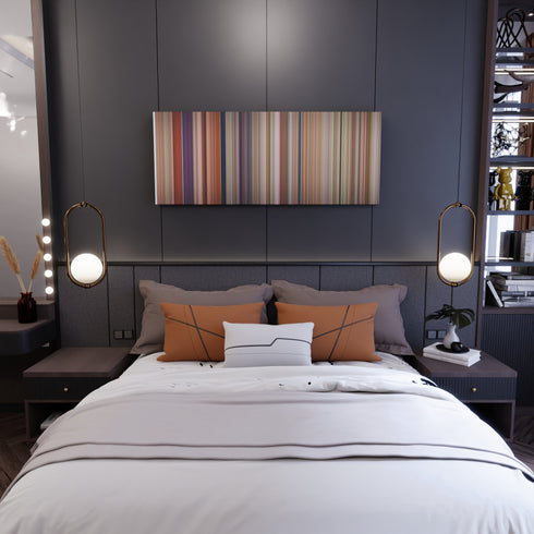 Bedroom interior with Muriel's Wedding Frome on the wall