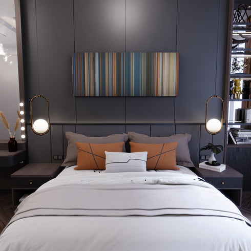 Bedroom interior with True Lies Frome on the wall