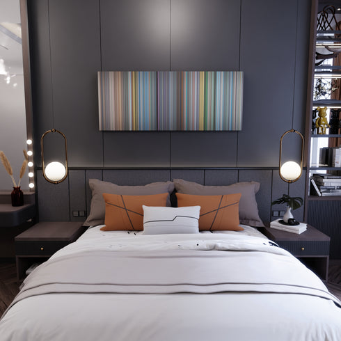 Bedroom interior with The Holy Mountain Frome on the wall