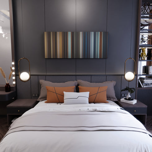 Bedroom interior with The Golden Compass Frome on the wall