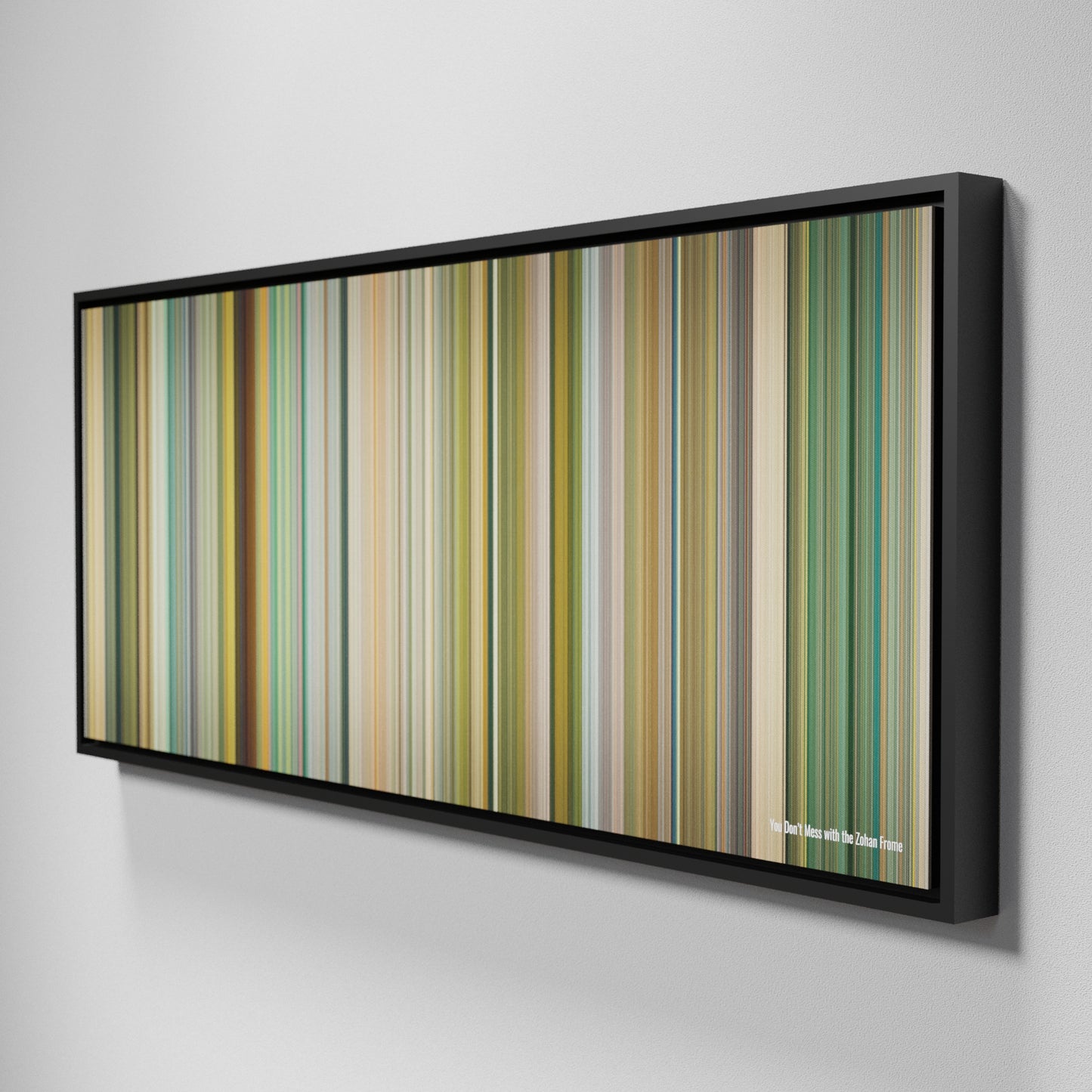 Side view of Framed Buff's of You Don't Mess with the Zohan Frome on the wall