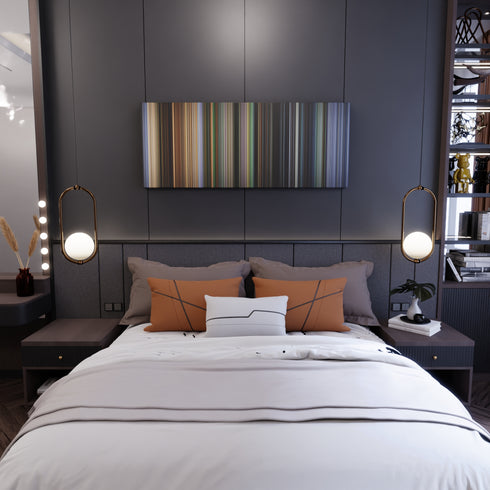 Bedroom interior with City of God Frome on the wall