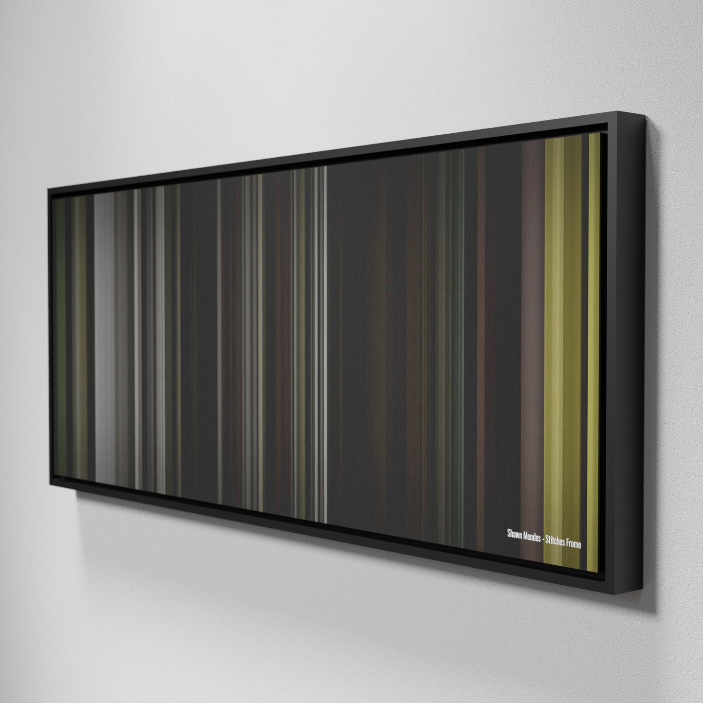 Side view of Framed Buff's of Shawn-Mendes-Stitches Frome on the wall