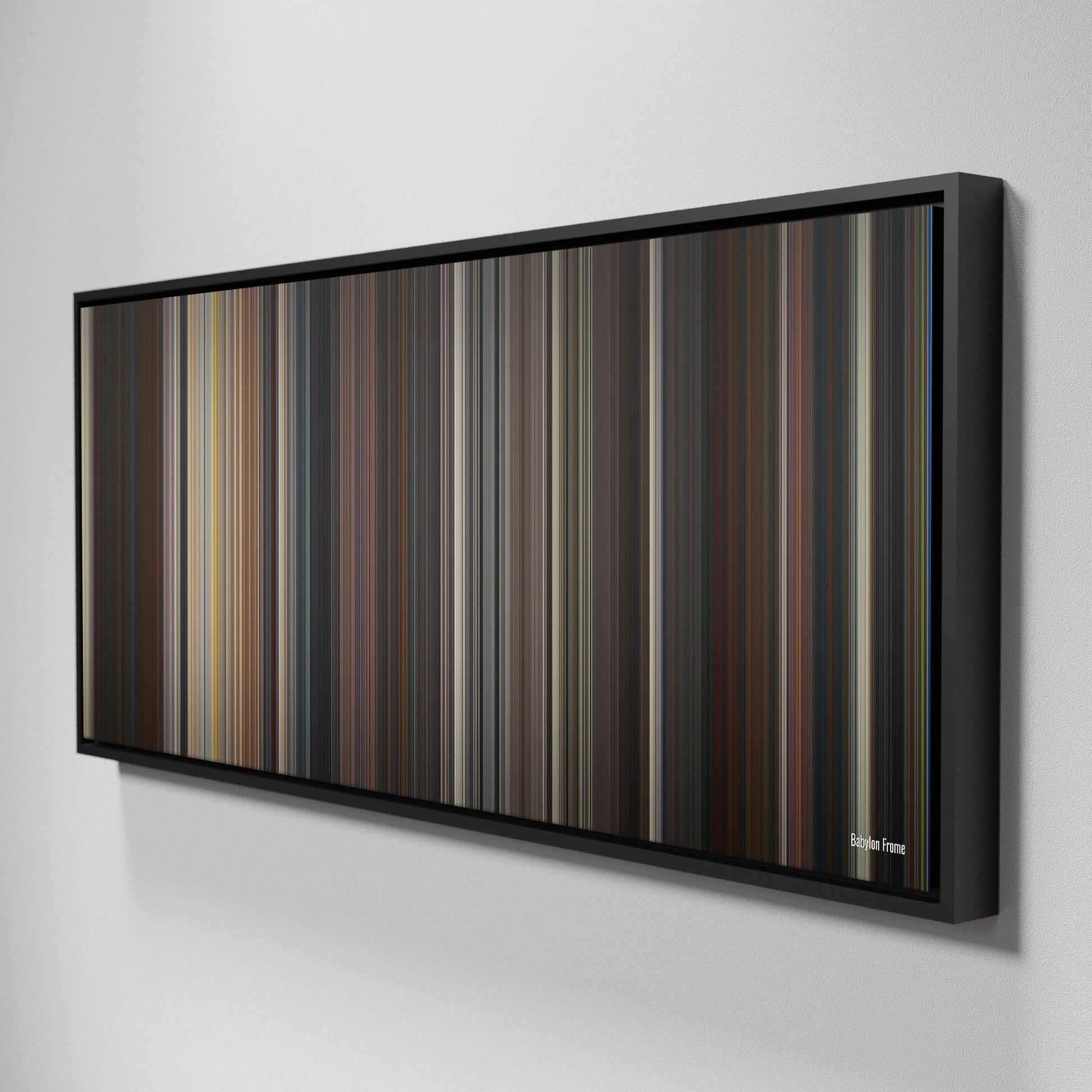 Side view of Framed Buff's of babylon Frome on the wall