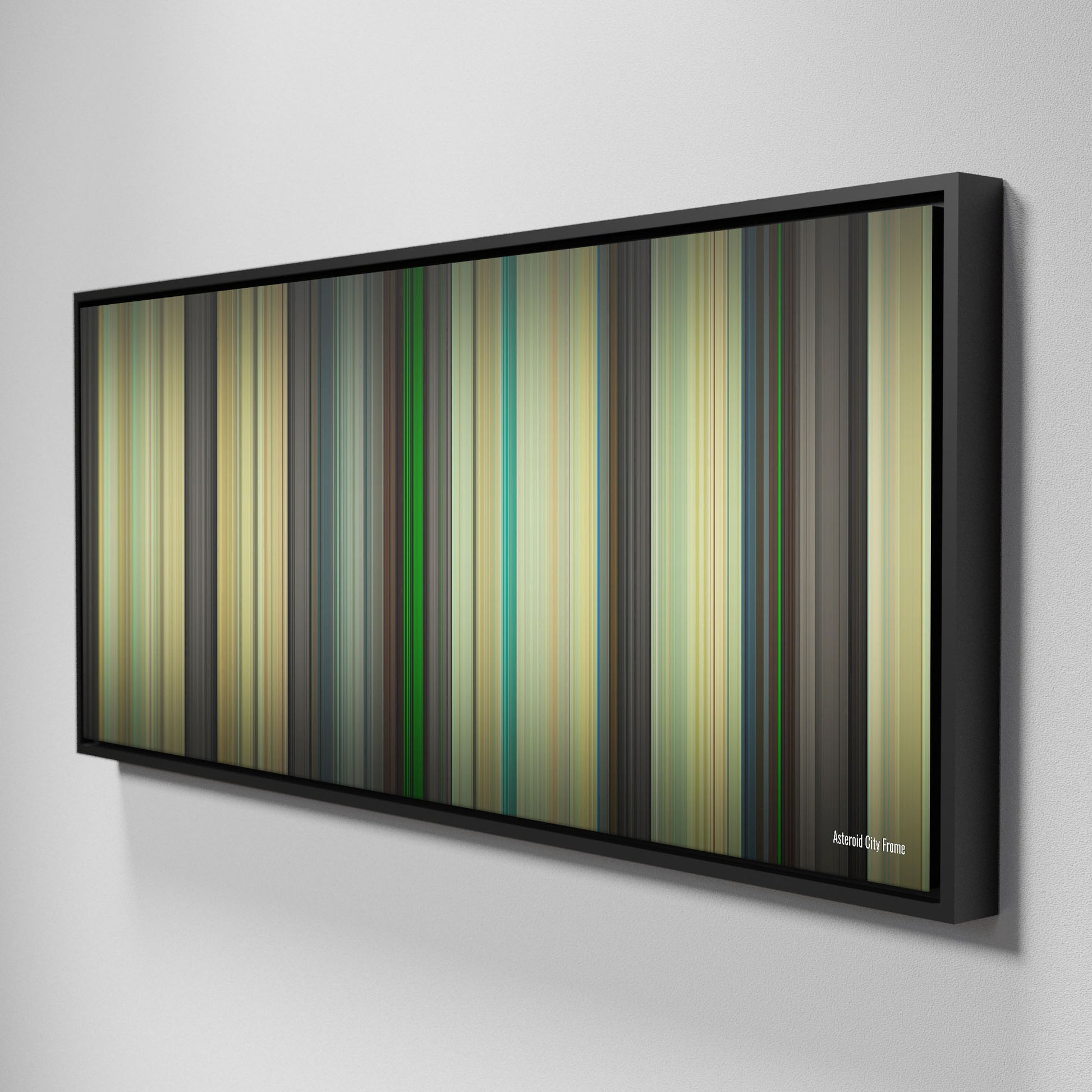 Side view of Framed Buff's of asteroid_city Frome on the wall