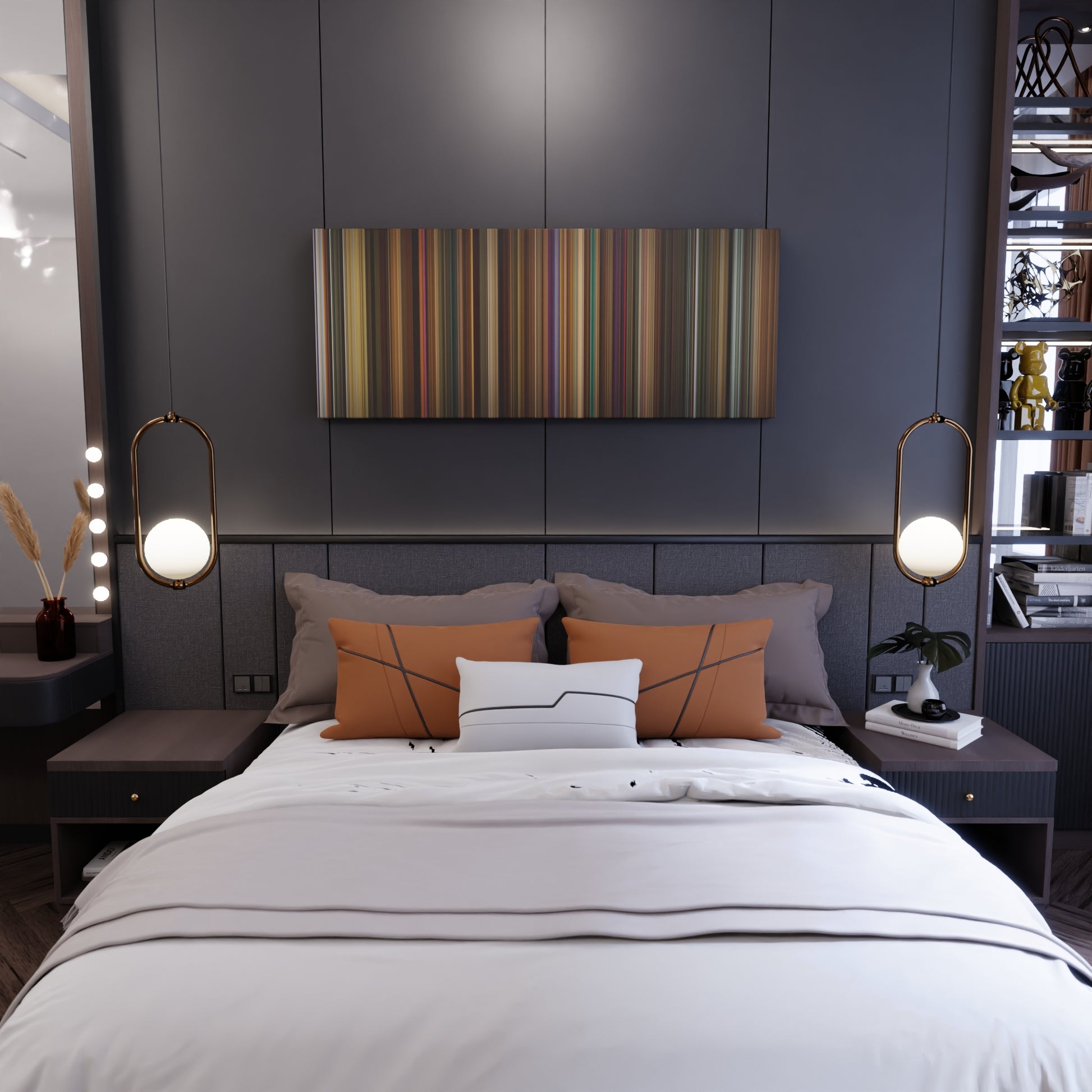 Bedroom interior with Across the Universe Frome on the wall