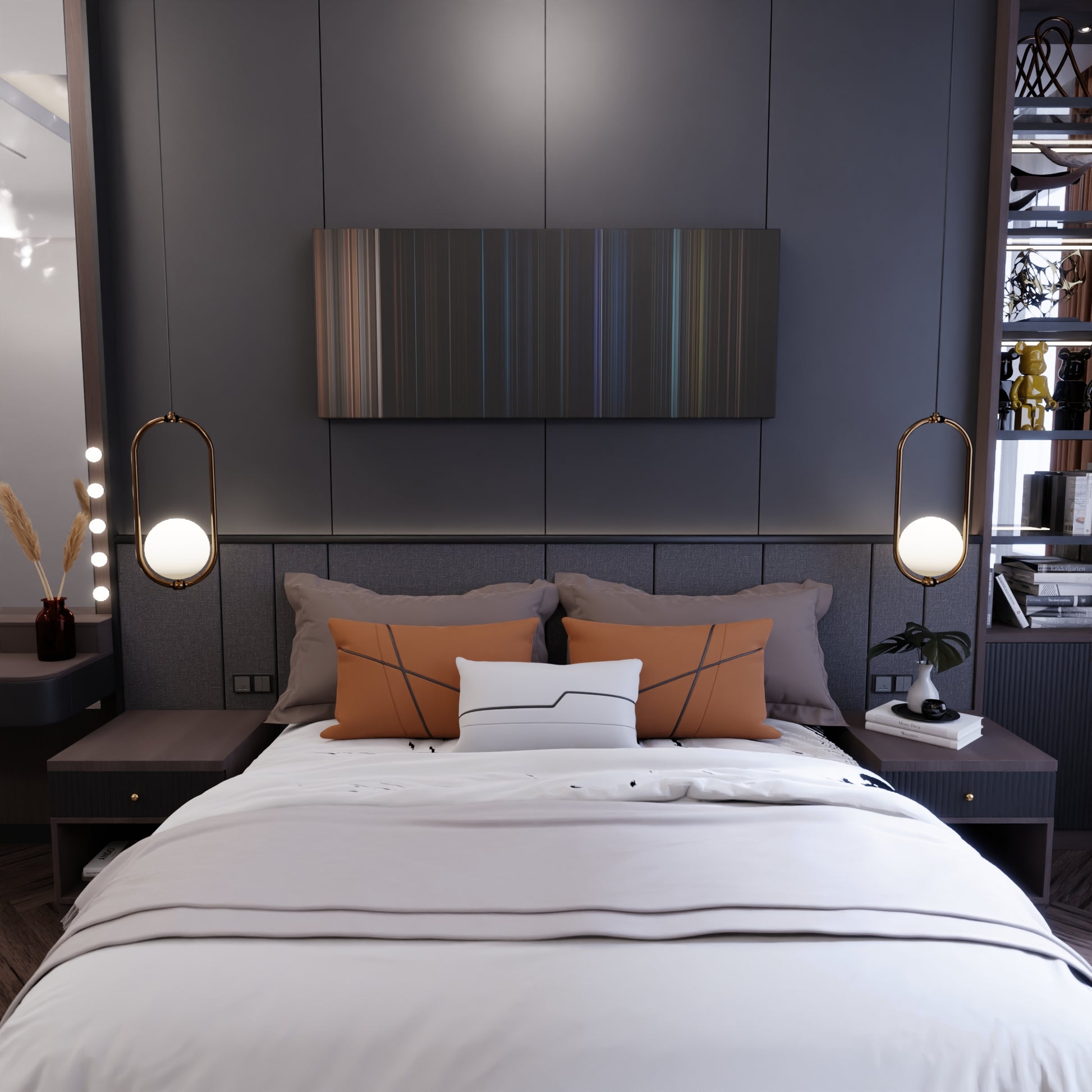 Bedroom interior with Quarantine Frome on the wall