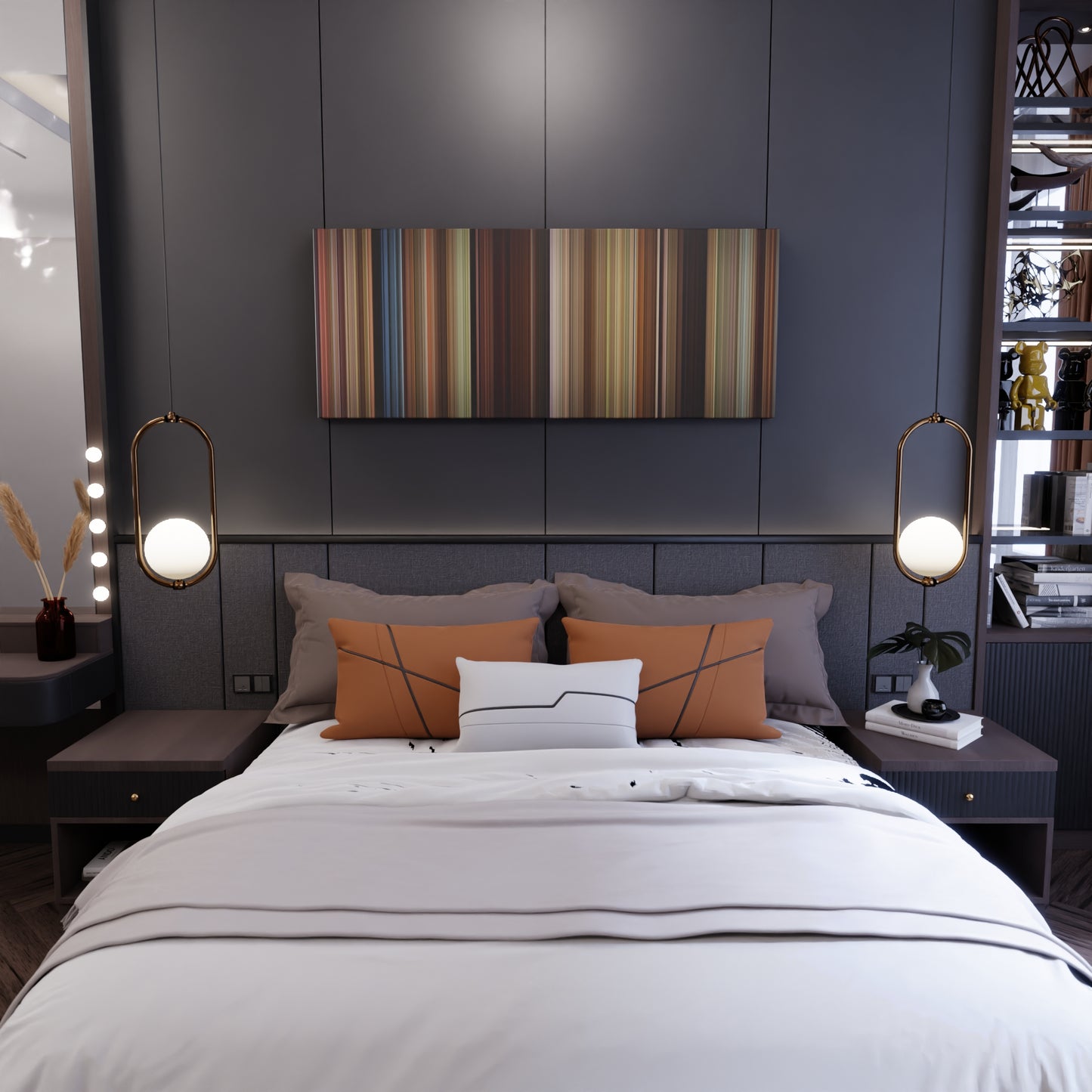 Bedroom interior with A River Runs Through It Frome on the wall