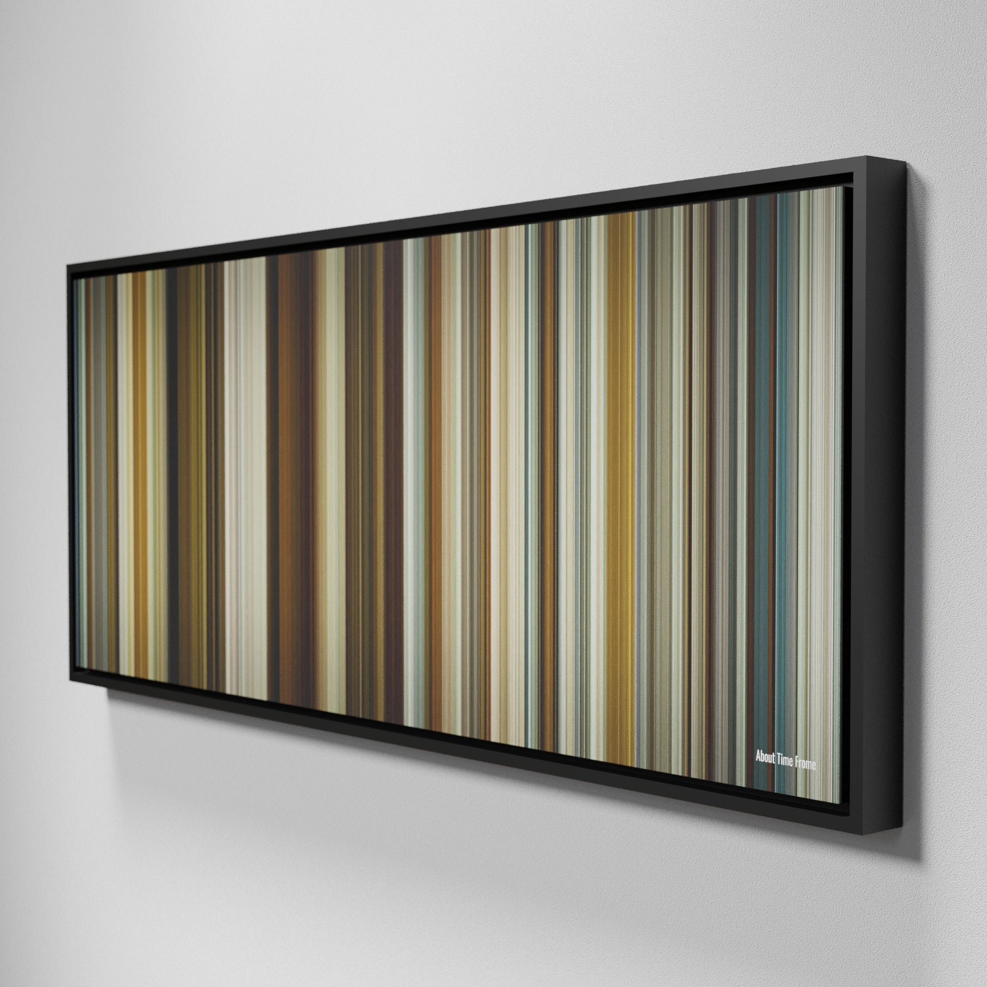 Side view of Framed Buff's of About Time Frome on the wall