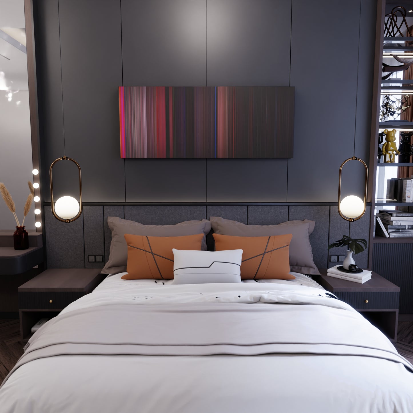 Bedroom interior with West Side Story Frome on the wall