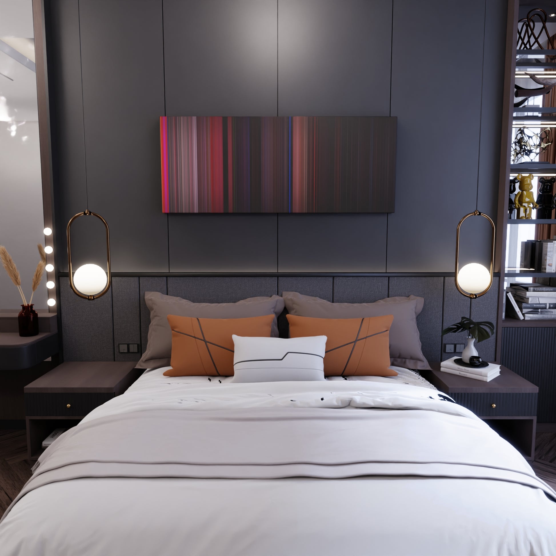 Bedroom interior with West Side Story Frome on the wall