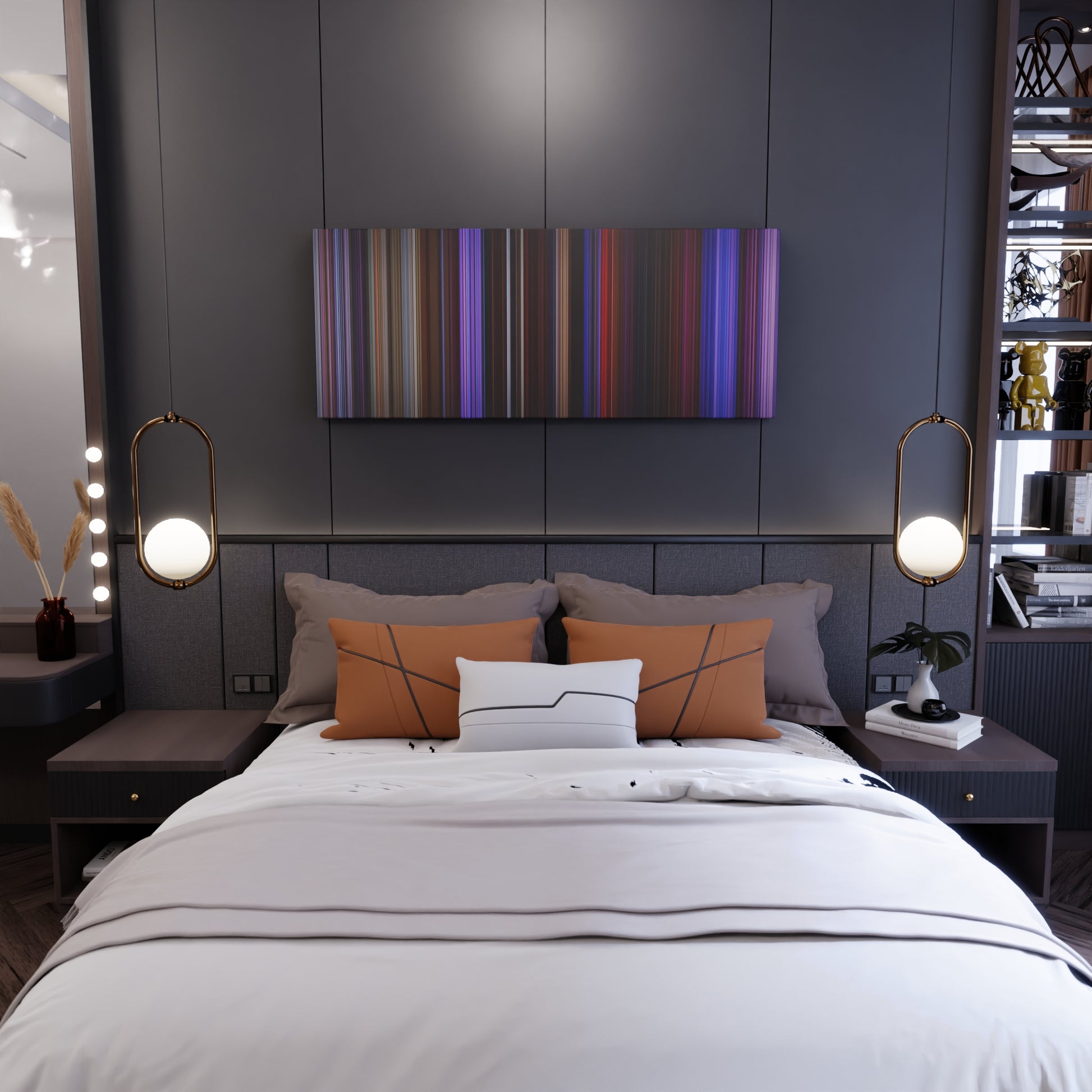 Bedroom interior with Purple Rain Frome on the wall