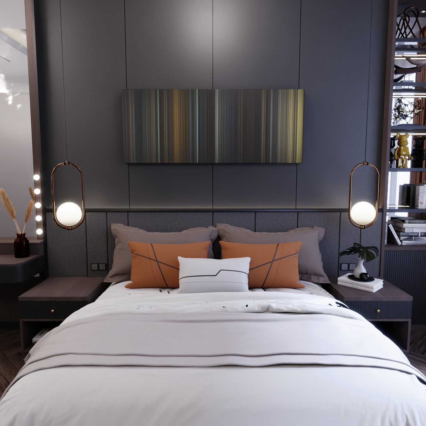 Bedroom interior with Se7en Frome on the wall